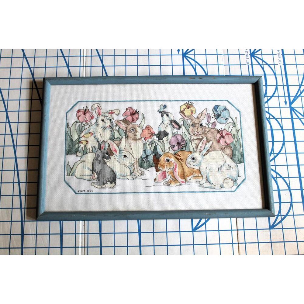 Counted Cross Stitch Bunnies Framed Under Glass, 18 X 11, Signed & Dated 1993